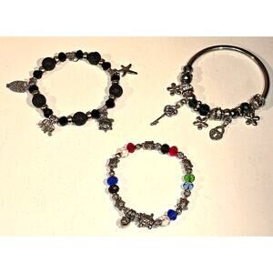 Lot of 3 Charm Bracelets Sea Turtle Owl Flower Key Lock Silver Tone Beaded